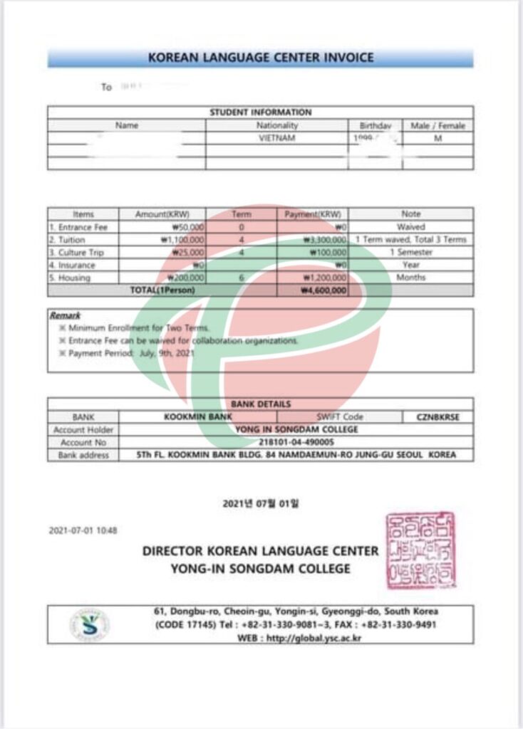 invoice cao đẳng yongin