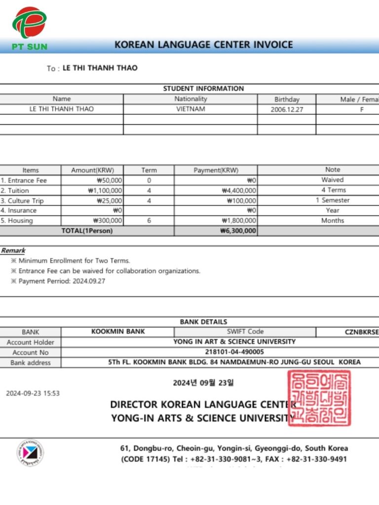 Cao đẳng Nghệ thuật và Khoa học Yong-in (Yong-in Arts & Science University) - Ngôi Trường Trẻ Năng Động Sáng Tạo 4 Invoice trường Cao đẳng Yong-in