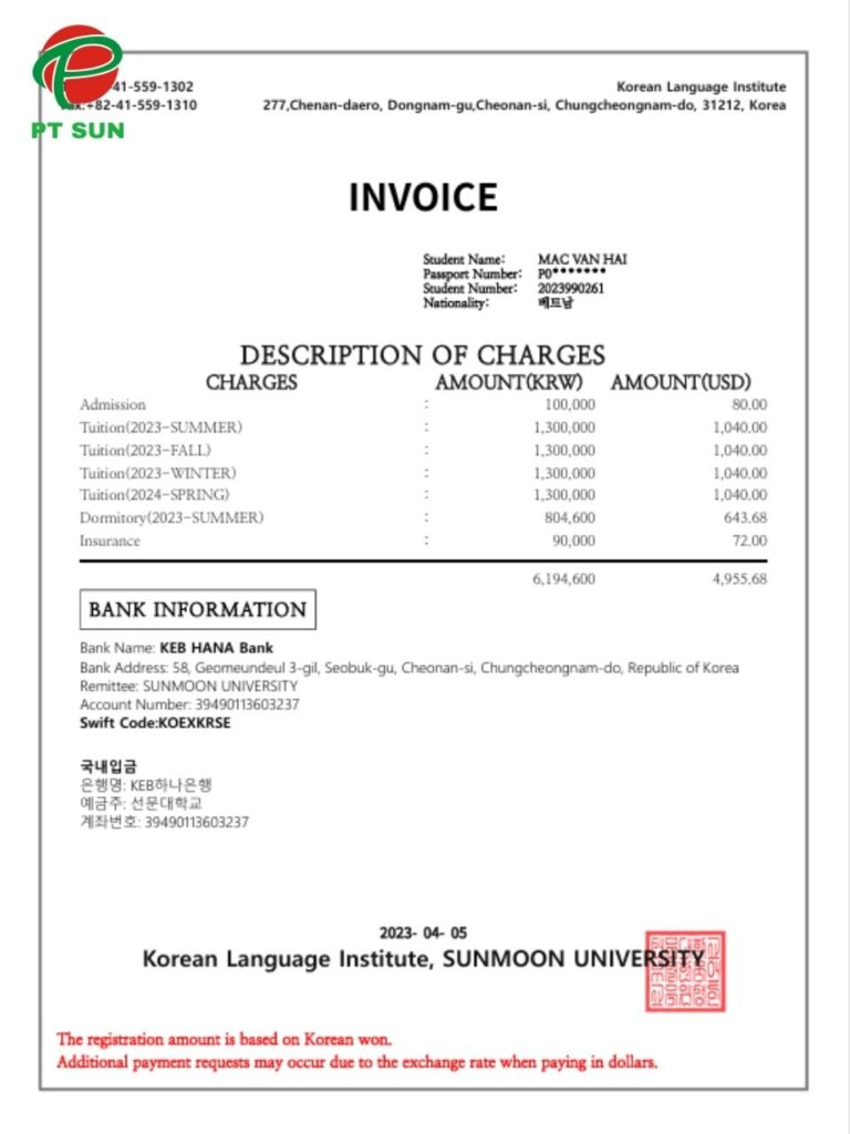 Review Đại Học Sunmoon – Ngôi Trường Dẫn Đầu Về Giáo Dục Quốc Tế Tại Hàn Quốc 4 Invoice đại học sunmoon