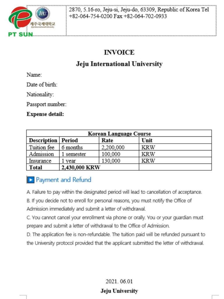Đại học Quốc gia Jeju (Jeju National University - JNU) – Thiên đường học tập tại đảo ngọc Hàn Quốc 3 invoice đại học Jeju