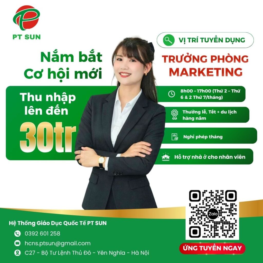 TUYỂN DỤNG TRƯỞNG PHÒNG MARKETING – TRUNG TÂM DU HỌC TOÀN CẦU PT SUN 1 4