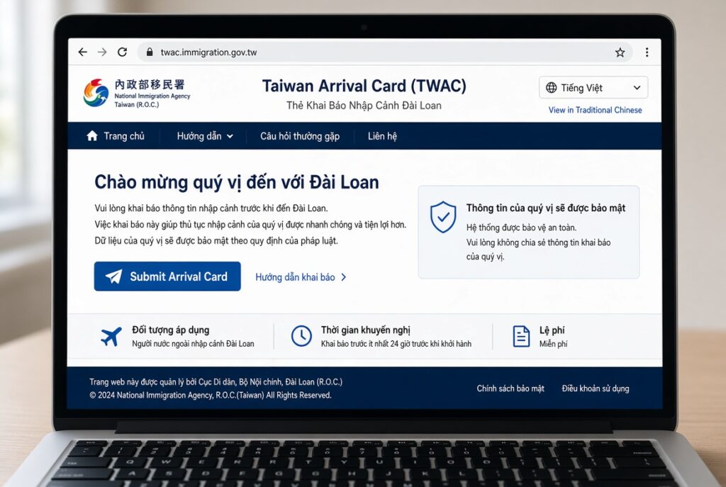 Hướng dẫn điền tờ khai nhập cảnh Đài Loan chi tiết nhất 2026 (Taiwan Arrival Card – TWAC) 2 Giao diện trang chủ chính thức của hệ thống TWAC (https://twac.immigration.gov.tw/) với tùy chọn ngôn ngữ tiếng Việt.