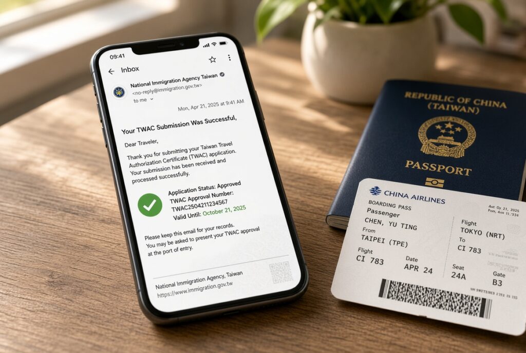 Hướng dẫn điền tờ khai nhập cảnh Đài Loan chi tiết nhất 2026 (Taiwan Arrival Card – TWAC) 4 Email xác nhận khai báo TWAC thành công – nên lưu lại trên điện thoại và email dự phòng.
